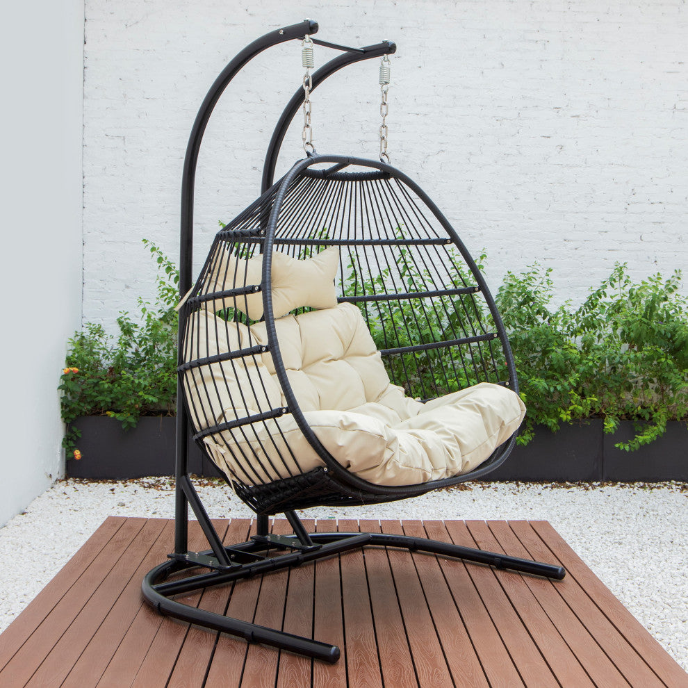 LeisureMod Wicker 2 Person Double Folding Hanging Egg Swing Chair