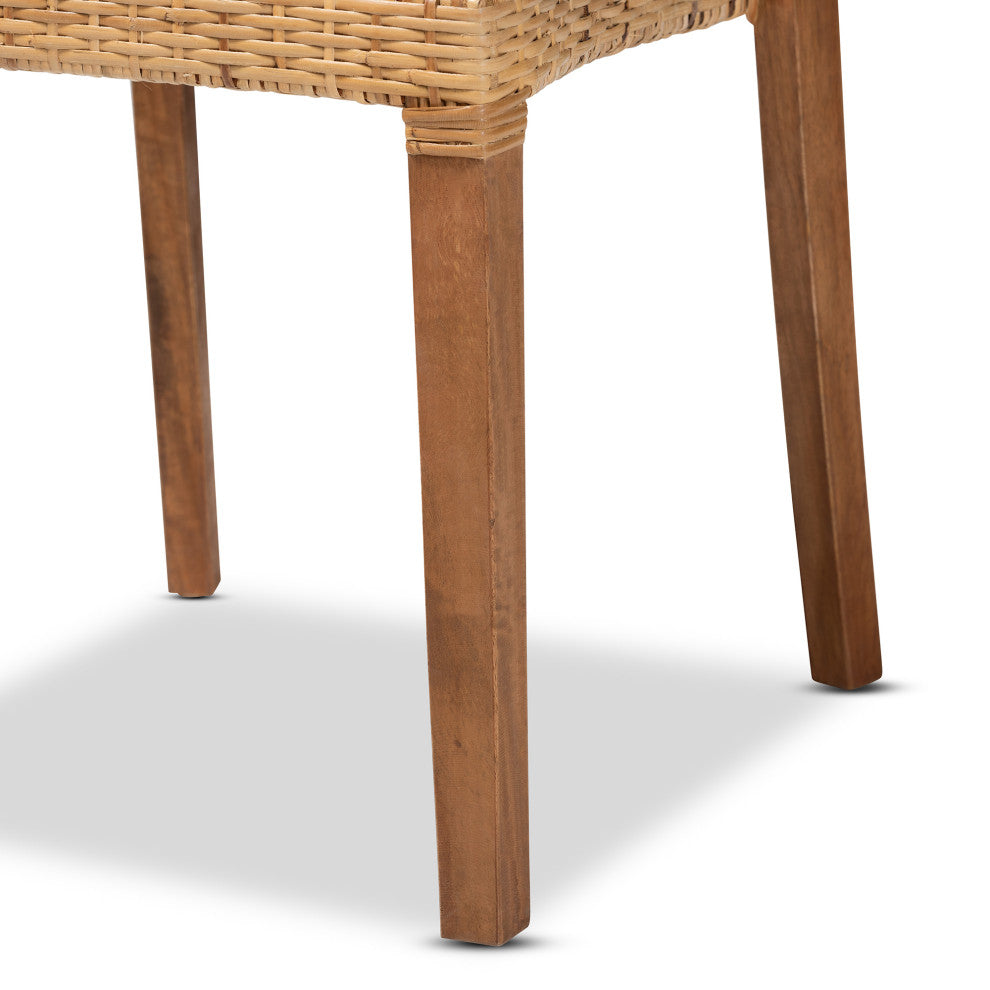 Arthur Modern Walnut Brown Finished Wood and Natural Rattan Dining Chair Set