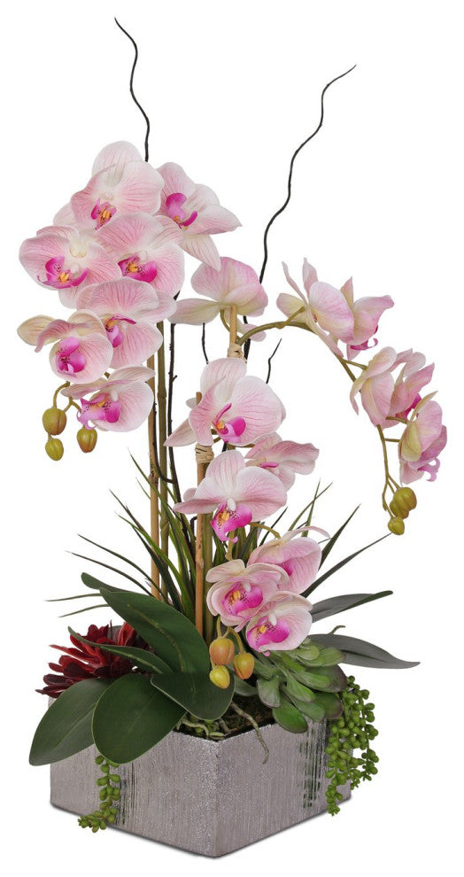 Real Touch Pink Orchid and Succulent Arrangement, Square Silver Pot