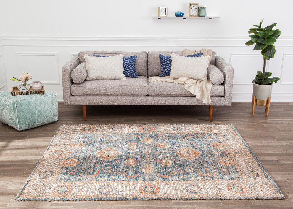 Blue Floral Ivory Border Jute/Chenille, 5'x7'