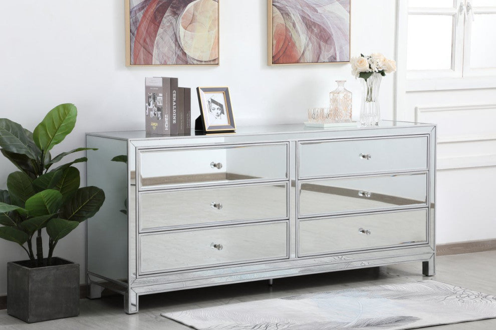 Rosie 72" Mirrored 6-Drawer Chest, Antique Silver