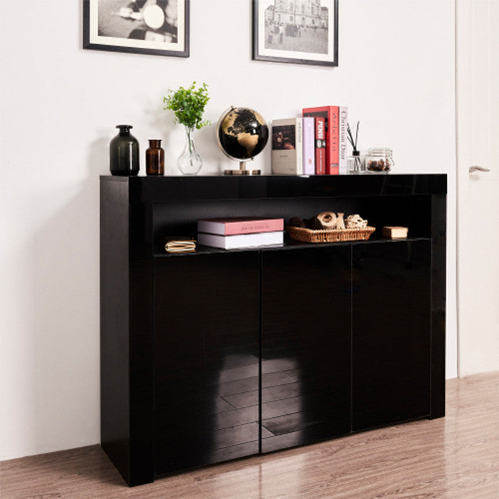 Black High Gloss Sideboard Storage Cabinet modern wood TV stand with 3 doors