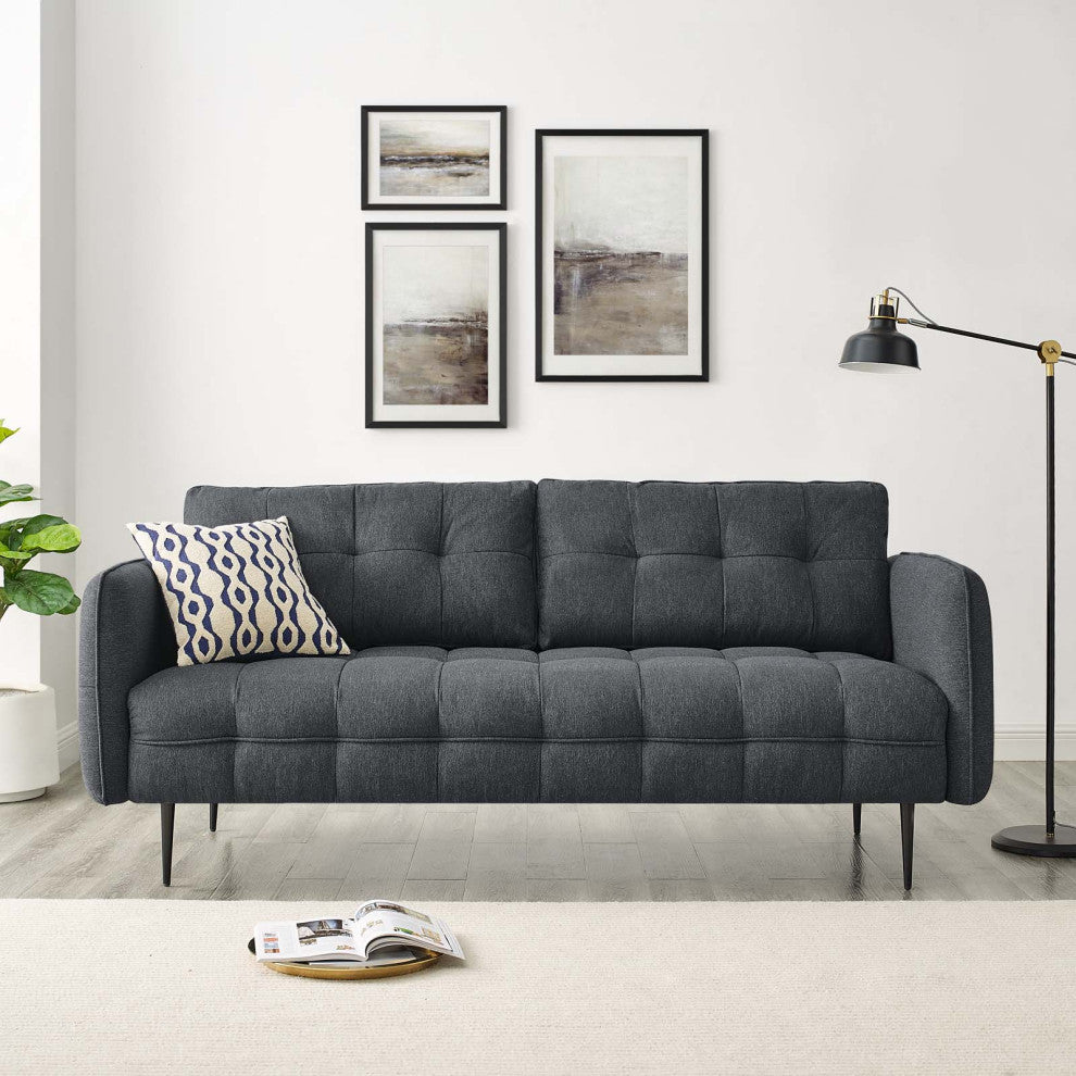 Tufted Sofa, Fabric, Dark Gray, Modern, Living Lounge Hotel Hospitality
