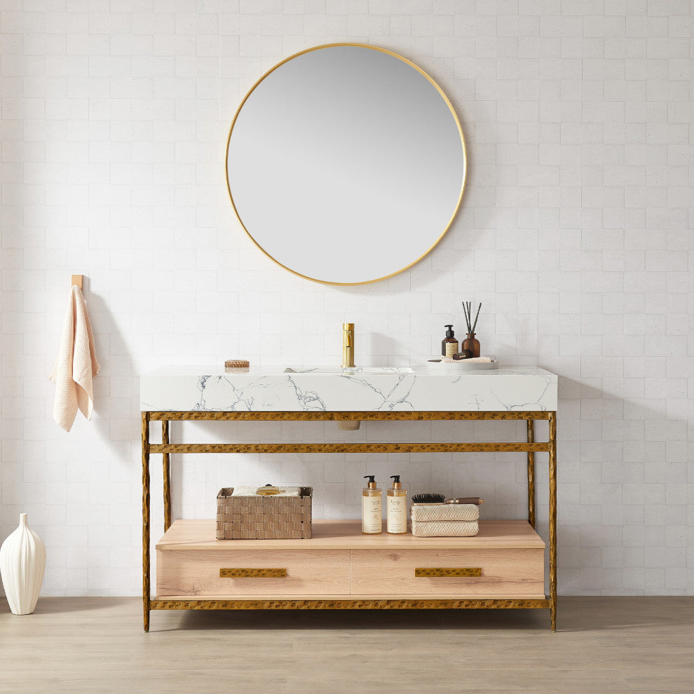 Dhaka Bath Vanity, Stone Top, No Mirror, Yellow Bronze Base, 55", Single Vanity