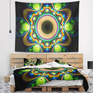 Green Fractal Pattern with Circles Abstract Wall Tapestry, 80"x68"