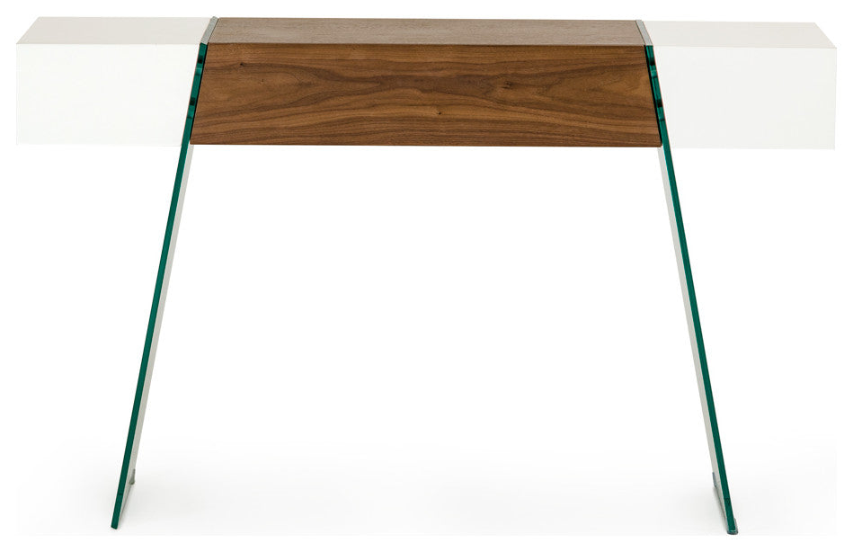 HomeRoots 29" White and Walnut Veneer MDF and Glass Floating Console Table