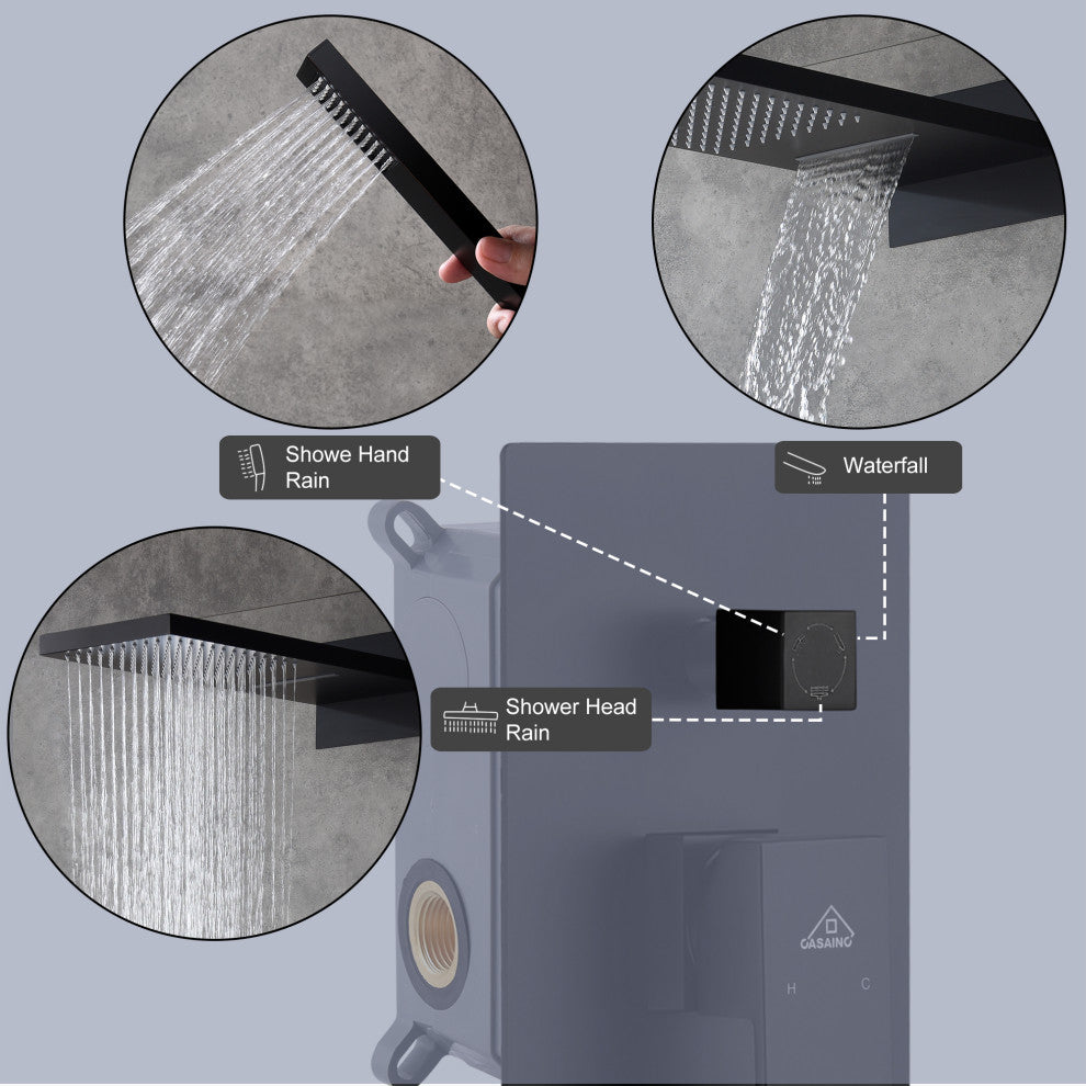 CASAINC 22" Wall Mounted Luxury Waterfall Shower System w Handheld Spray, Matte Black