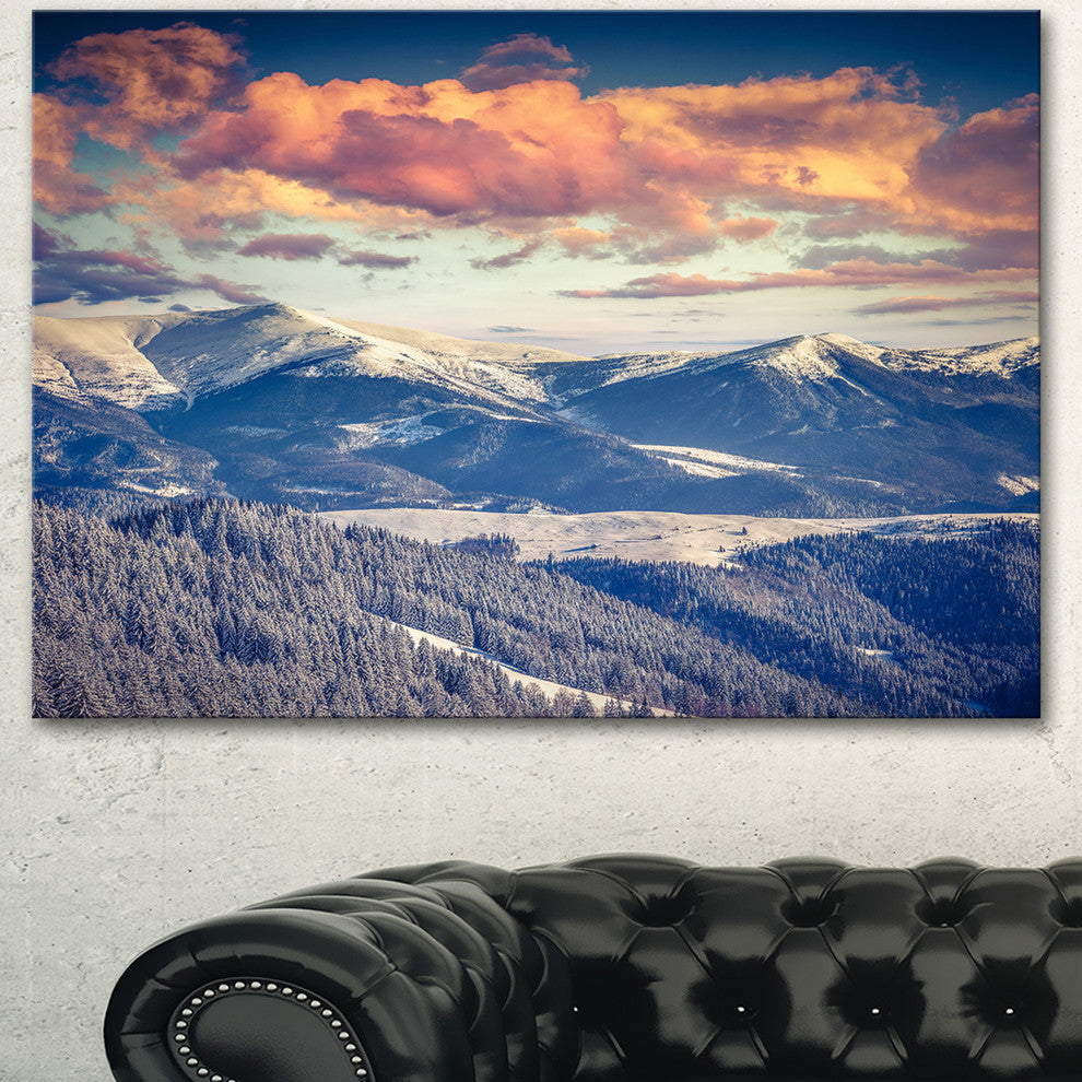 Winter Alpine Sunset over Hills, Large Landscape Canvas Art Print, 60"x28"