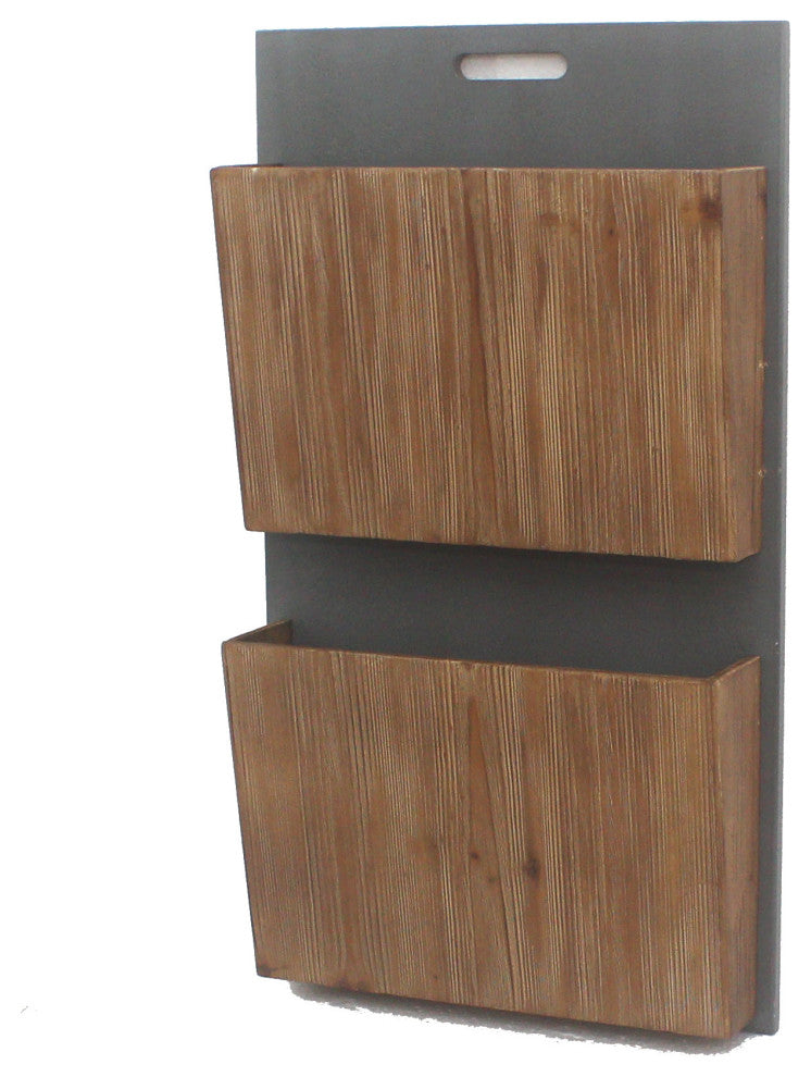 HomeRoots Gray and Natural Wood Wall Storage 2 tier Magazine Rack