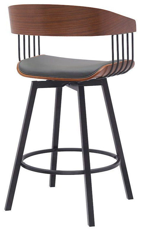 Athena Upholstered Wood Swivel Bar or Counter Stool with Black Metal