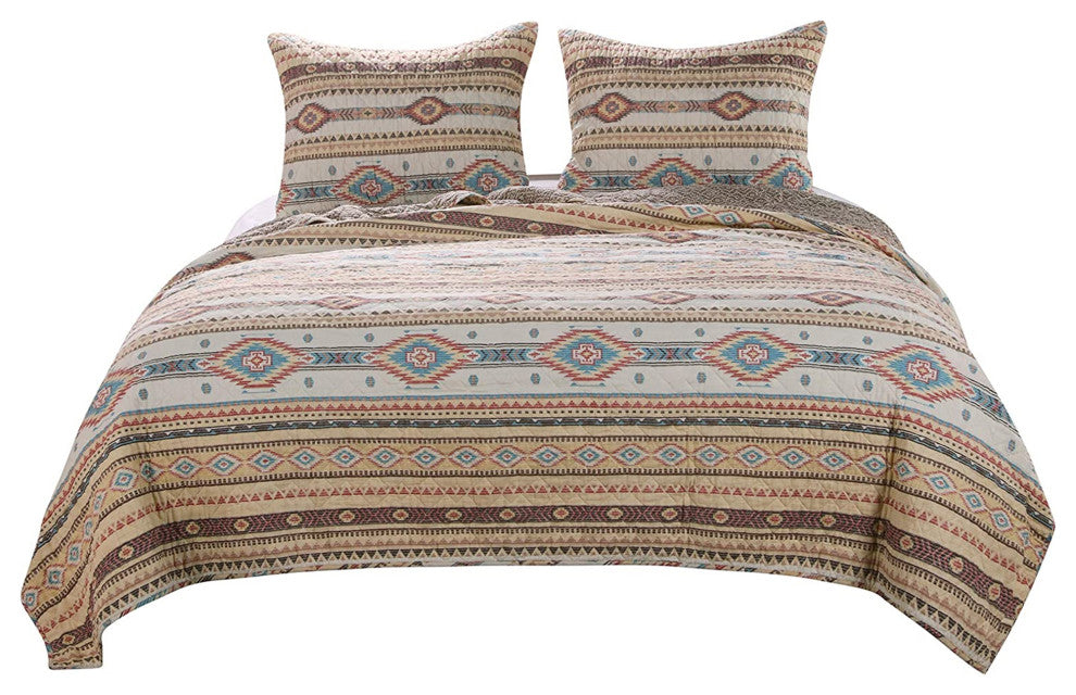 Benzara BM218909 King Size 3 Piece Quilt Set with Kilim Pattern, Multicolor