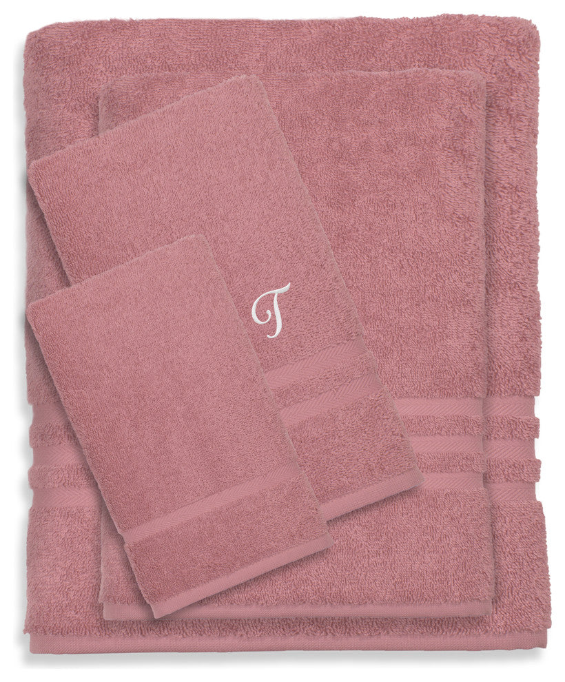 Denzi 4-Piece Towel Combination Set With Monogrammed Letter, T, Tea Rose