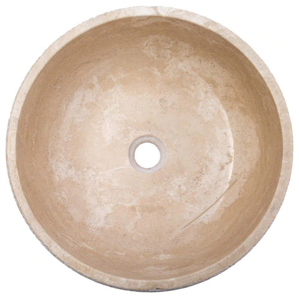 Light Beige Travertine Vessel Sink Honed Inside&Sandblasted Outside (D)16" (H)6"