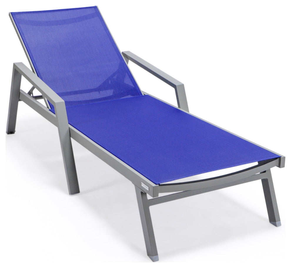 LeisureMod Marlin Chaise Lounge Chair With Arms and Fire Pit Table, Navy Blue