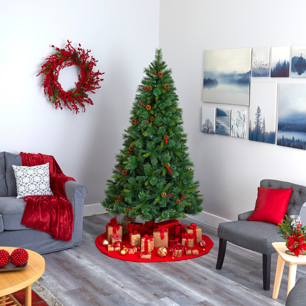 7' Aberdeen Spruce Faux Xmas Tree With 500 Clear Lights, Pinecones & Red Berries