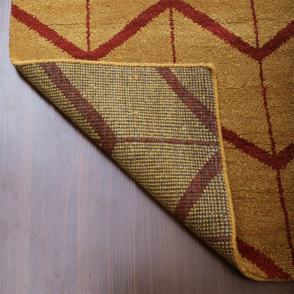 Hand Knotted Wool Area Rug Geometric Gold Red