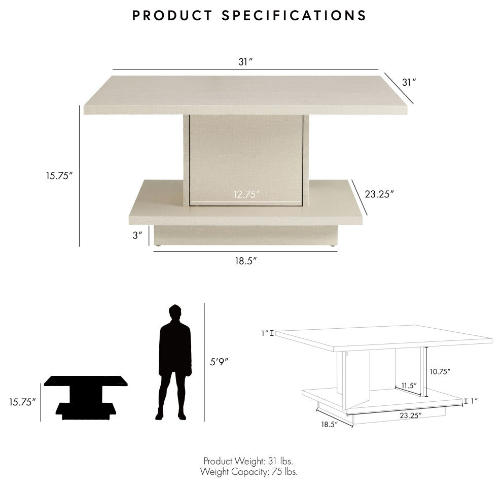 Boa Vista 31" Square Coffee Table With Shelf and Hidden Cabinet, Cream Weave