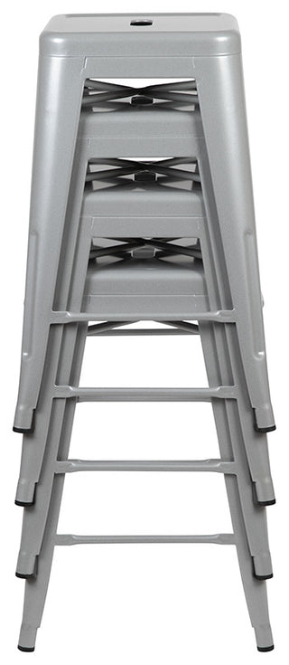 24" Metal Counter-Height Indoor Bar Stool, Stackable Set of 4, Silver
