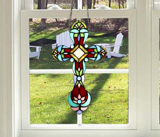 Cross Victorian Tiffany-Style Stained Glass Panel 13" Tall