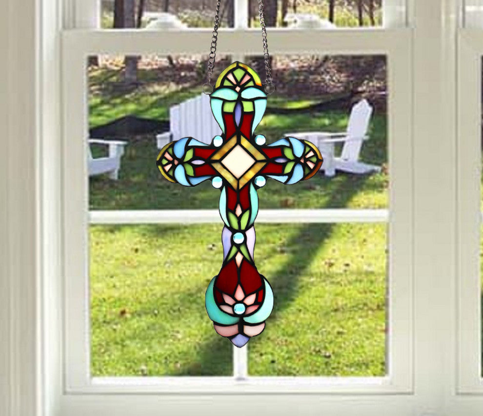 Cross Victorian Tiffany-Style Stained Glass Panel 13" Tall