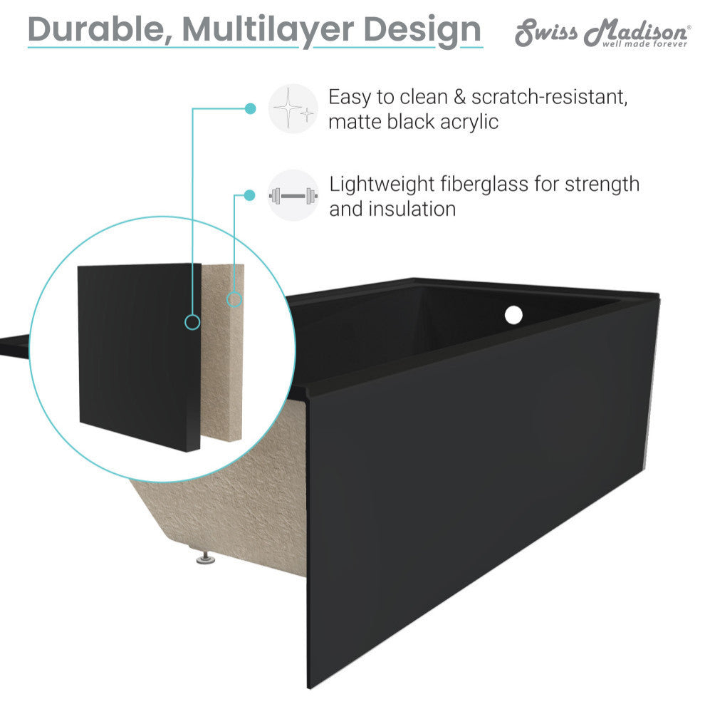 Voltaire Acrylic Alcove Integral Armrest Bathtub with Apron, Matte Black, 60"x32
