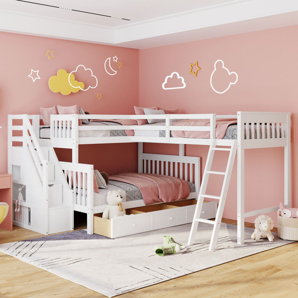 Gewnee Wood Twin over Full L-Shaped Bunk Bed With 3 Drawers in White