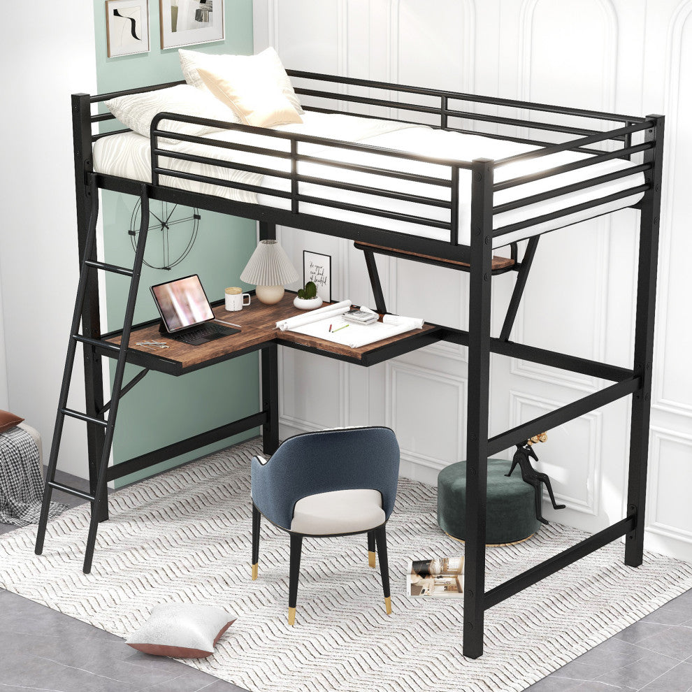 Gewnee Twin Size Loft Metal&MDF Bed with Desk and Shelf in Black