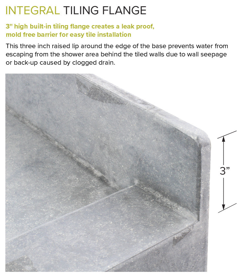 Transolid Ready to Tile 60"Lx36"W Shower Base with Center Drain in Dark Grey