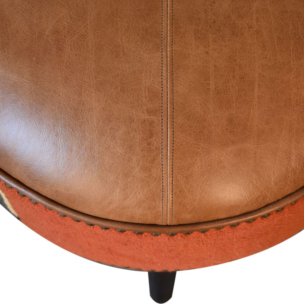 Durrie and Leather Mixed Footstool