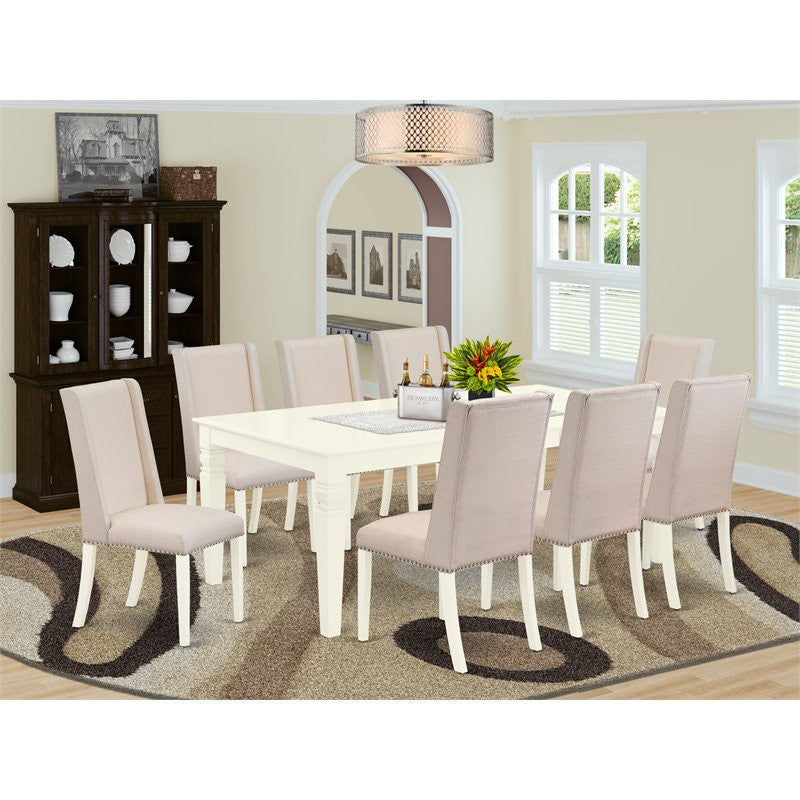 9-Piece Set, 8 Chairs and Butter Leaf Table Solid Wood Frame, Linen White