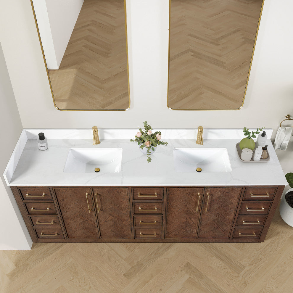 Jakarta Bath Vanity, Quartz Top No Mirror, Dark Brown Oak, 84", Double Vanity