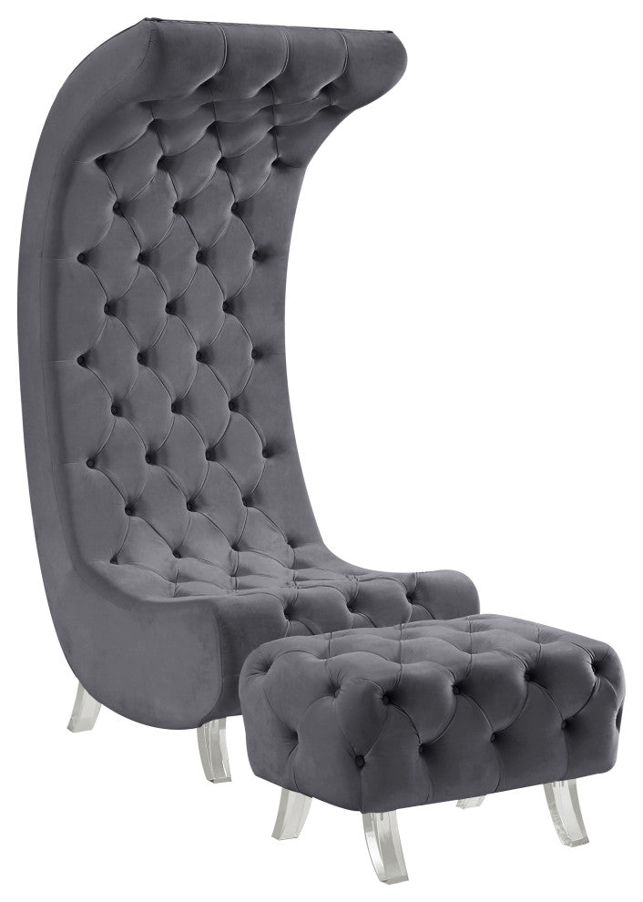 Crescent Velvet Upholstered Ottoman, Gray