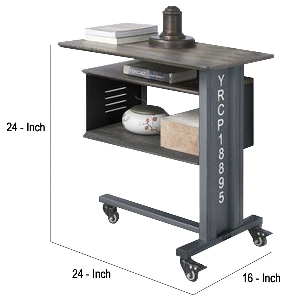 Benzara BM269580 Accent Table With Metal Cargo Style and 3 Caster Wheels, Gray