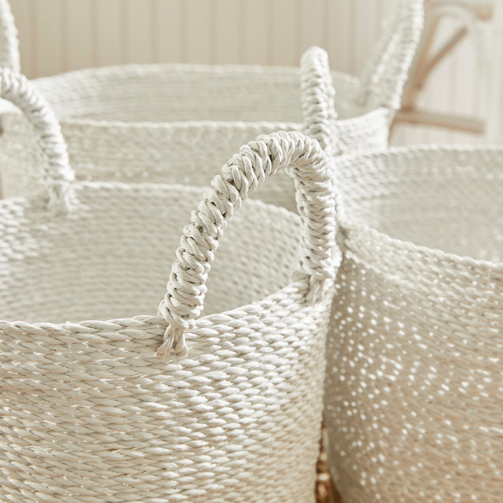 Set of 3 Contemporary Casual Natural White Round Tote Baskets Handles Large