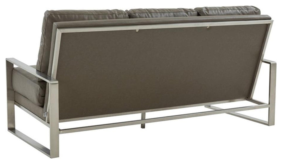 Leisuremod Jefferson Modern Faux Leather Sofa With Silver Frame Gray