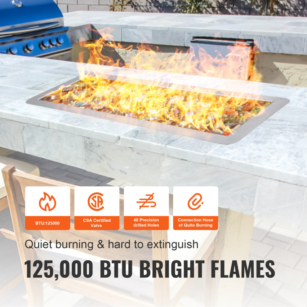 VEVOR 30x10 inch Drop-in Fire Pit Pan Fire Pit H-shape Burner Kit 125,000 BTU