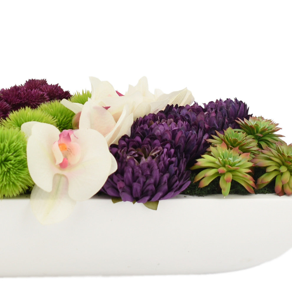 Creative Displays Arrangement, Orchids, Cactus, Sedum, and Mums, White Planter