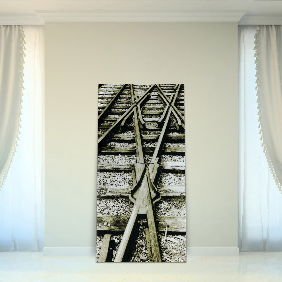"Crossroads" Train Tracks Wall Art Frameless Free Floating Tempered Glass 72"x36