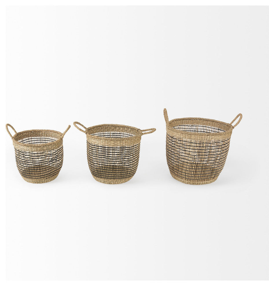Triopas Medium Brown Seagrass Round Baskets With Handles, 3-Piece Set