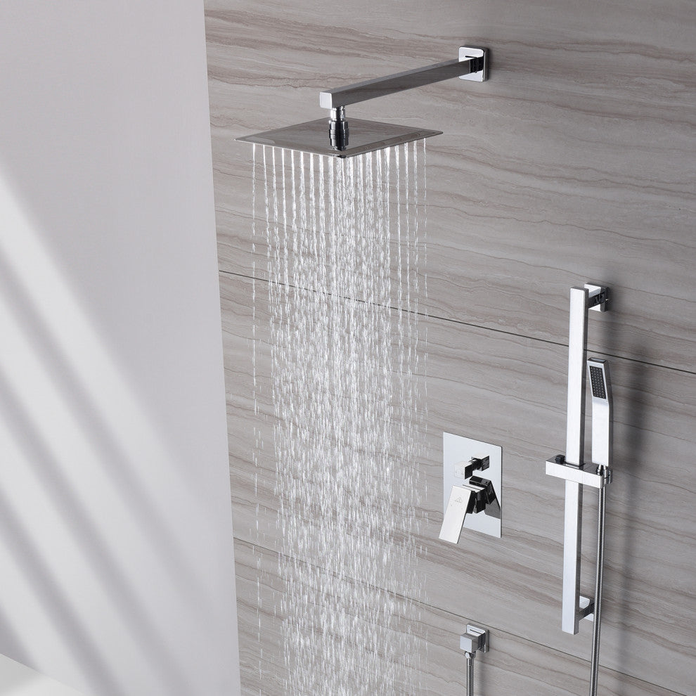 CASAINC 10" Luxury Wall Mounted Shower System Set w Sliding Handheld Rod, Chrome