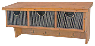 Brown Rustic Wooden Wall Shelf With 3 Drawers And Hooks