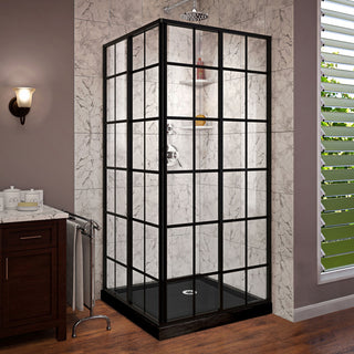 Corner 42"x42" Framed Sliding Shower Enclosure, Satin Black, Black Acrylic Base