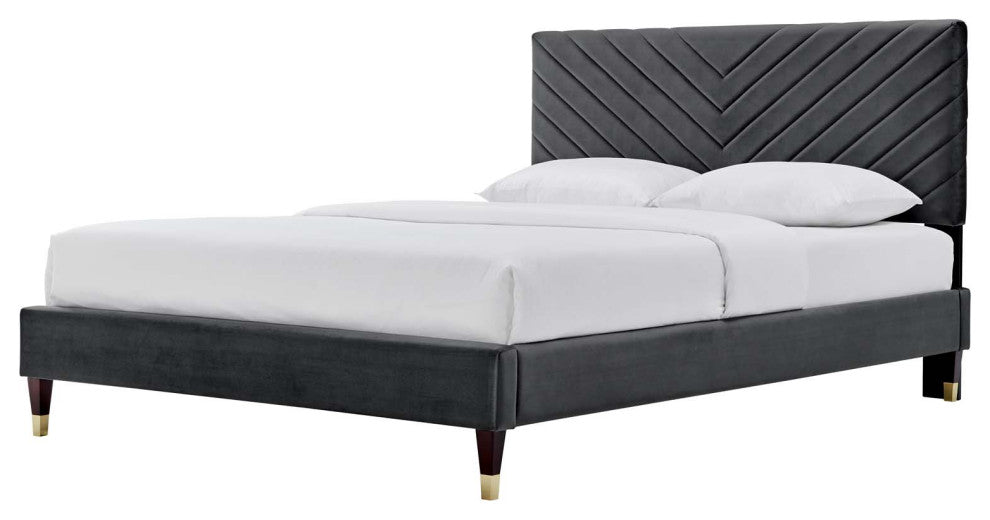 Platform Bed Frame, Queen Size, Charcoal Gray, Velvet, Modern, Guest Suite