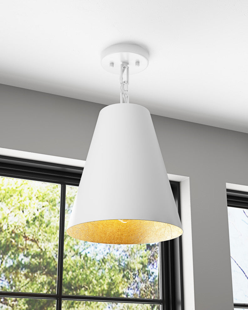 Farmhouse Gold Leaf Inside Pendant Light Fixture with Cone Metal Shade, White