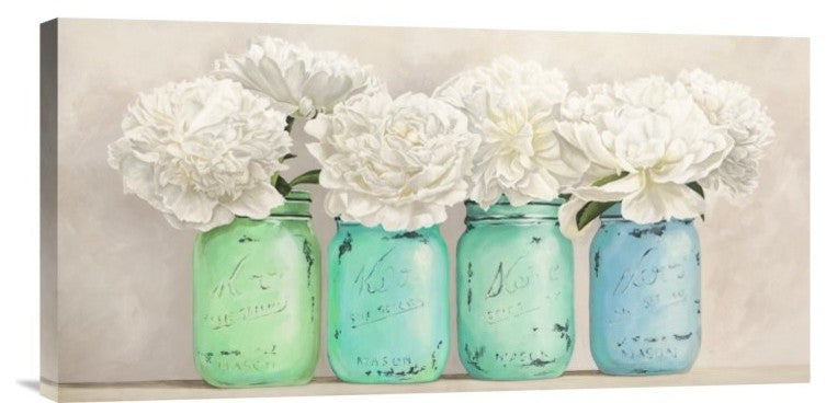 "Peonies in Mason Jars (detail)" Canvas by Jenny Thomlinson, 24x12"