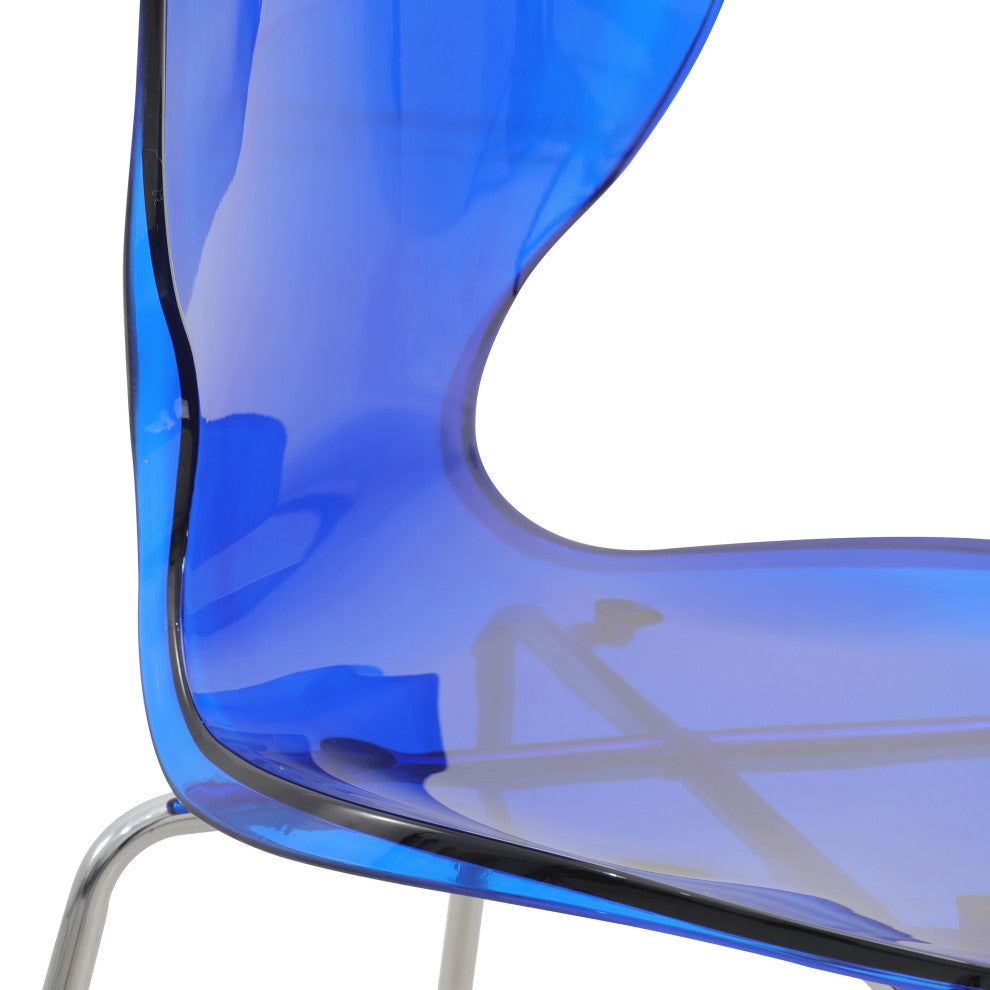 LeisureMod Oyster Acrylic Barstool With Steel Frame Set of 2, Transparent Blue