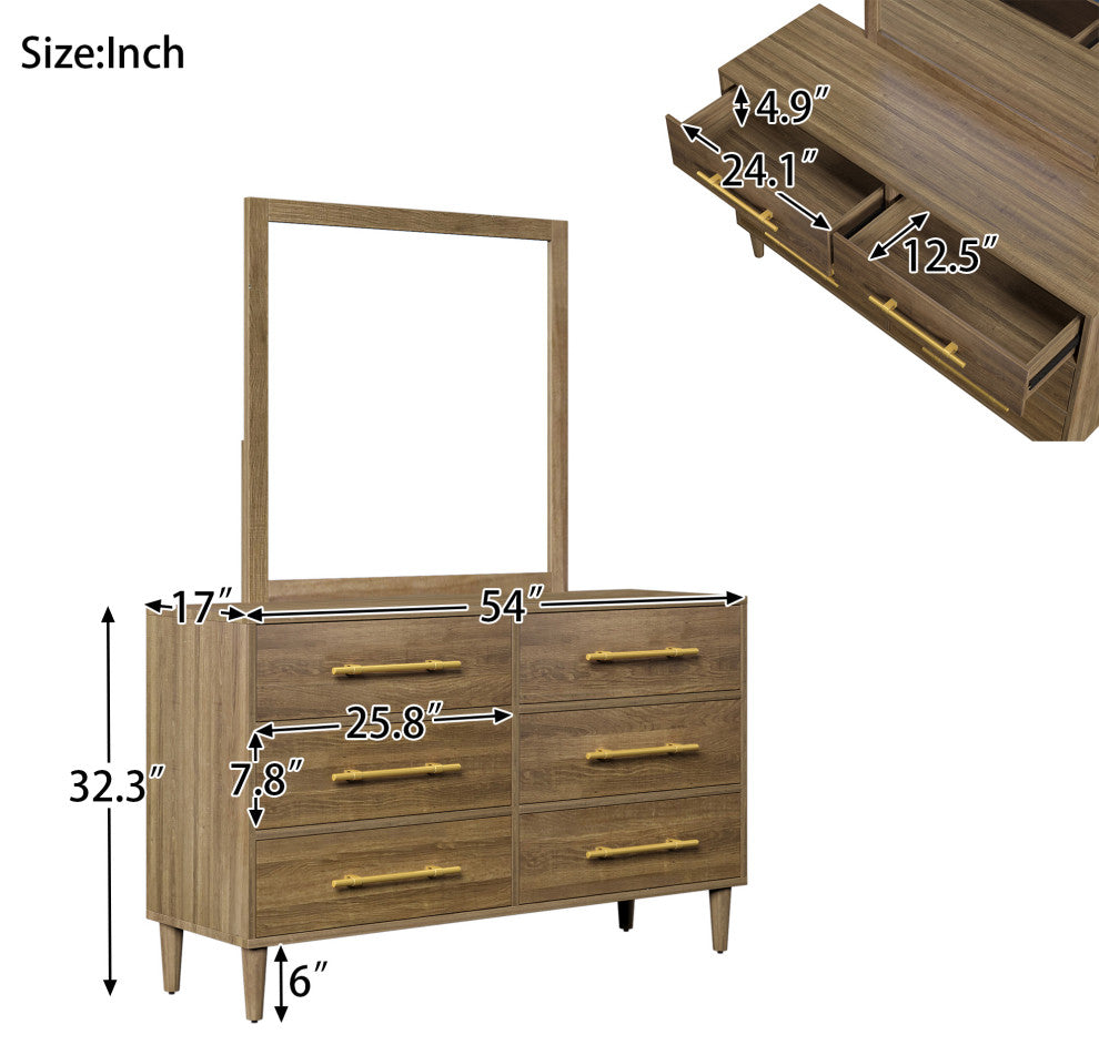 6 Drawers 56" W Wood Double Dresser, Natural Walnut