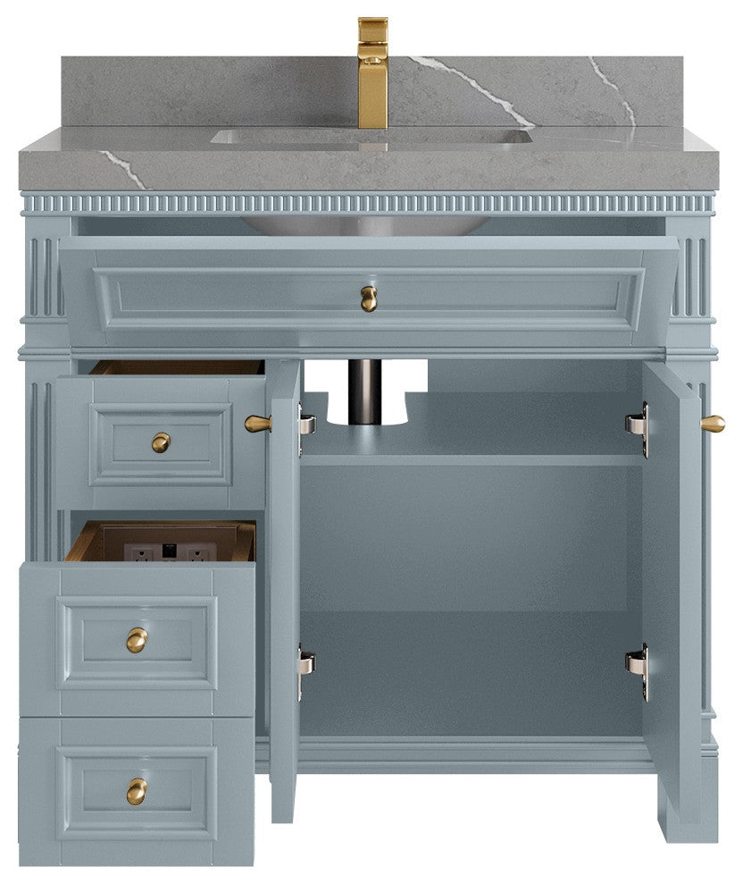 Paris 36" Center Sink Bathroom Vanity, Blue Heather 2" Piatra Gray