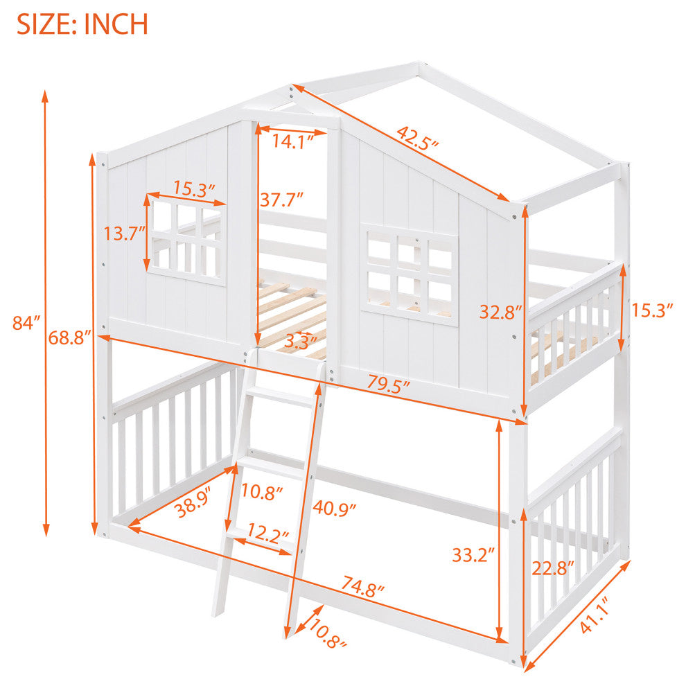 Gewnee Wood Twin Over Twin House Bunk Bed With Ladder in White