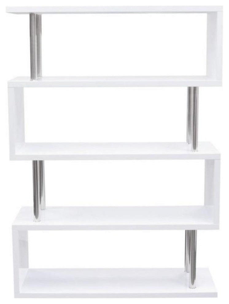 Wooden Four Tier Shelving Unit with Stainless Steel Metal Supports, White